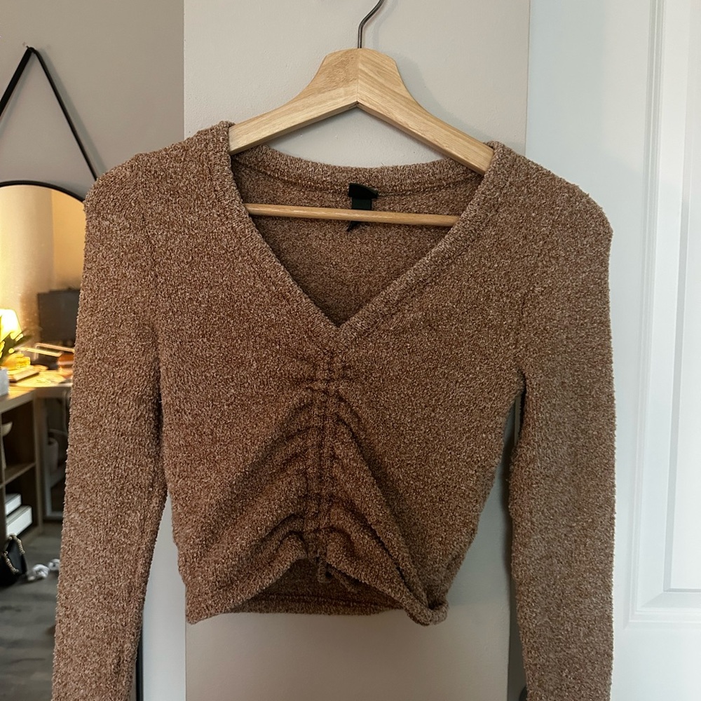Brown V-Neck Ruched Sweater